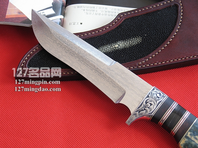 台湾手工刀匠 瑞典大马士革奶油蓝象牙柄手工刀