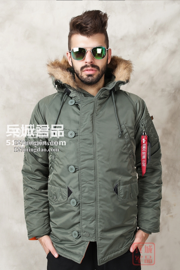 美国正品Alpha阿尔法 N3B 假毛瘦身版 缎面 男式棉服防寒风衣