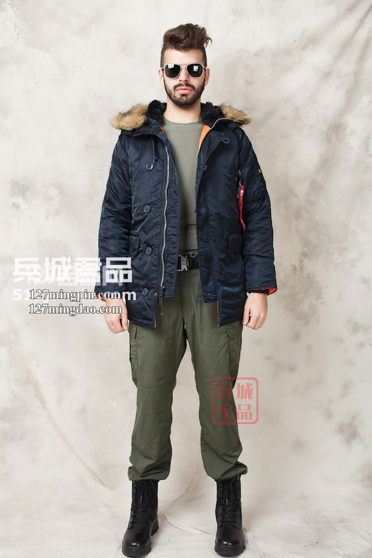 美国正品Alpha阿尔法 N3B 假毛瘦身版 缎面 男式棉服防寒风衣