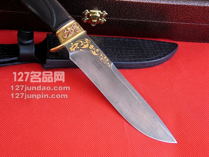 俄罗斯Kizlyar大马士革钢流金镶嵌粉水晶柄经典版